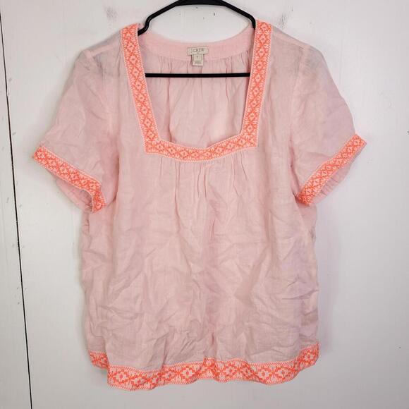 J Crew Top Womens M Linen Lightweight Square Neck Puff Sleeve Embroidered Trim - Picture 1 of 9